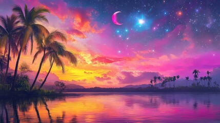 Vibrant neon sunset with palm tree silhouettes, starry night sky over tropical landscape