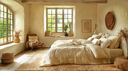 Design a country bedroom using natural materials soft linens and earthy tones reflecting a simple and serene countryside vibe interior