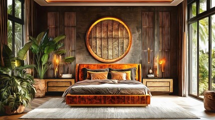 Fusion style bedroom blending Art Deco glamour with Asian influences using lacquered furniture gold accents and bamboo elements interior