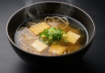 Bowl of steaming noodle soup dish