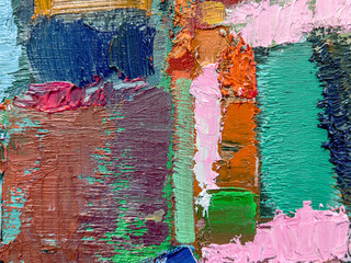 colorful oil painting on canvas. red, green, pink, blue. brush strokes texture.