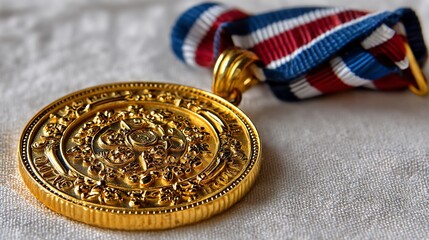 Naklejka premium Gold medal with intricate design and ribbon on white fabric background
