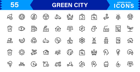 Modern Green City Icon Set Vector Illustration. Featuring Sustainable Buildings, Eco-Friendly Infrastructure, and Urban Nature Icons