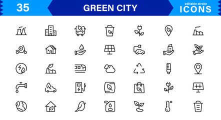Modern Green City Icon Set Vector Illustration. Featuring Sustainable Buildings, Eco-Friendly Infrastructure, and Urban Nature Icons