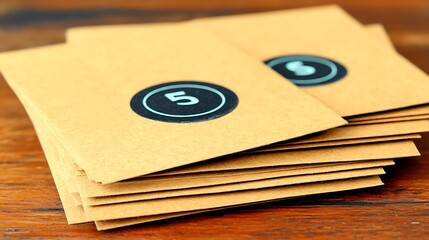 Stack of numbered brown envelopes on rustic wooden surface, close-up shot