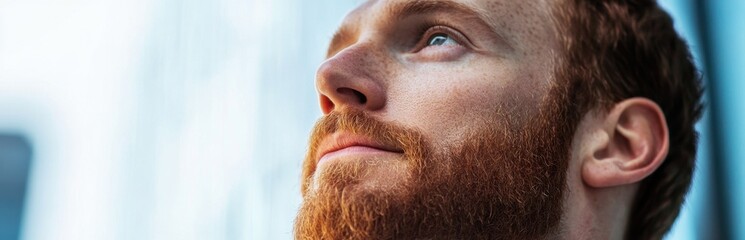 Obraz premium A close-up portrait of a thoughtful man with a red beard looking upward. The image conveys emotions of contemplation and serenity against a modern backdrop, perfect for lifestyle themes.