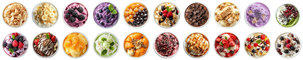Colorful Variety of Delicious Desserts in Individual Bowls with Fresh Fruits, Cream, and Toppings Perfect for Any Occasion or Celebration. Piquant food set.