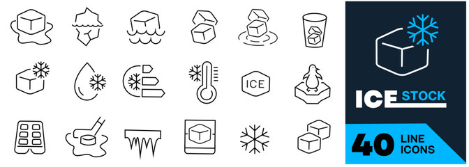 Vector line set of icons related with ice. Contains monochrome icons like icicle, hockey, floe, water, freeze, iceberg and more. Simple outline sign. Editable stroke. © Sanjoy