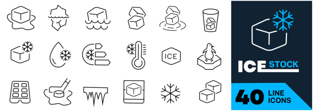 Vector line set of icons related with ice. Contains monochrome icons like icicle, hockey, floe, water, freeze, iceberg and more. Simple outline sign. Editable stroke.