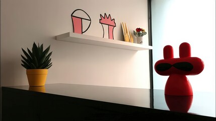 Modern Minimalist Interior Design  Red Sculpture  Shelf Decor  Succulent Plant
