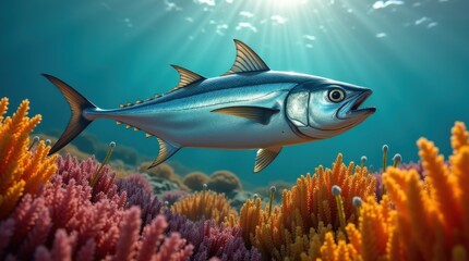 Fototapeta premium Celebrating world tuna day underwater scene with vibrant coral reefs marine life ocean environment close-up view