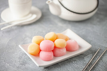 Japanese rice sweet dessert mochi in plate.