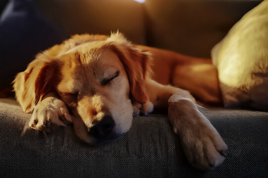 Ein Labrador schl&auml;ft auf einer Couch