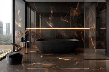 Luxurious modern bathroom featuring a sleek black freestanding bathtub, elegant marble walls with golden veining, and large windows showcasing a city skyline in the background