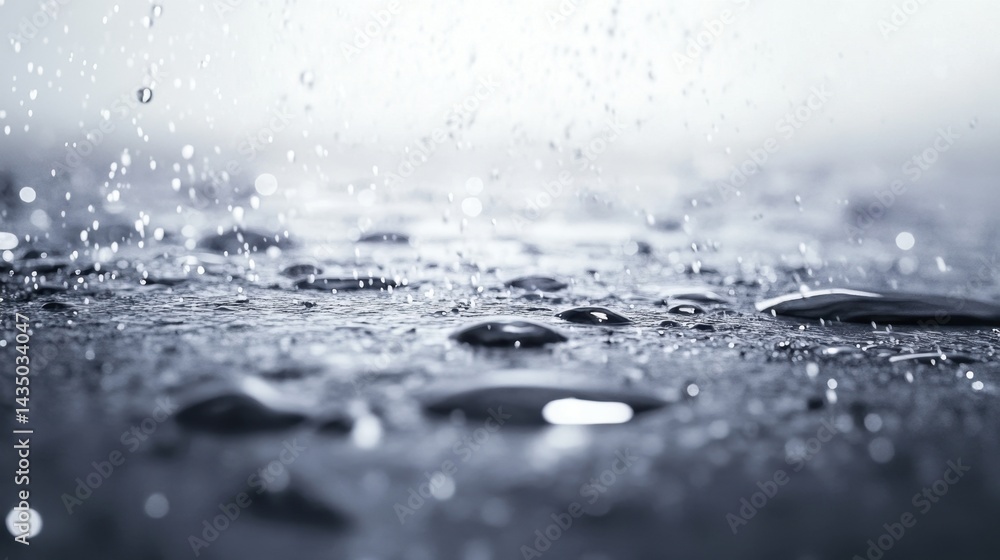Poster this close-up image captures the beauty of rainwater droplets falling on a smooth surface, creating 