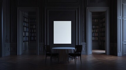 Dark Library Room Mockup Table, Poster, Bookshelves