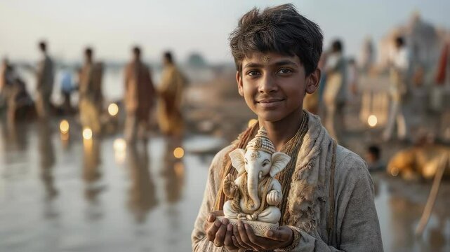 Boy with Ganesha Idol, Ganesh Chaturthi, indian boy holding ganpthy satutue, Vinayaka, Indian god, hindu god, ganesh, Ganesha, Vinayaka  
