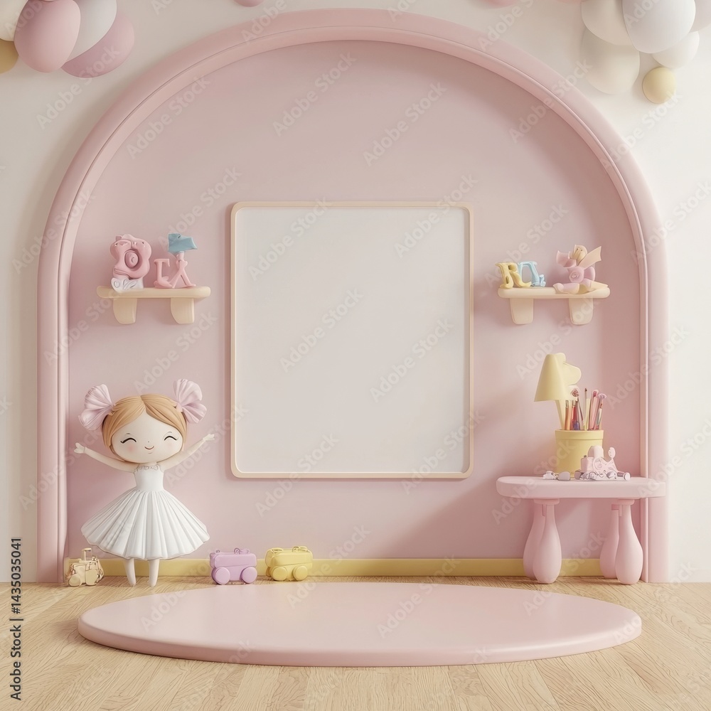 Aufkleber a poster mock-up for the children's corner, featuring a pink background and created using 3d renderi