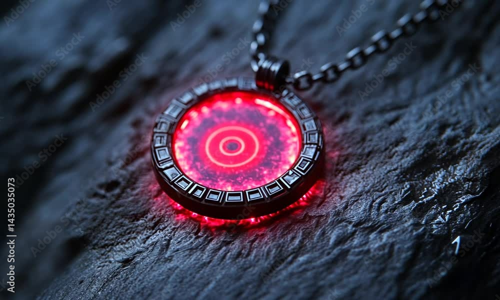 Poster glowing pendant on a textured rock surface, illuminated in red light, creating a mystical atmosphere