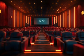 Empty movie theater with red neon lights and modern seating, cinematic atmosphere with large screen and moody lighting