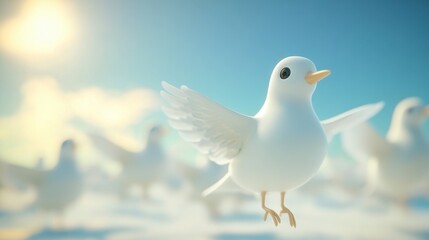 Fototapeta premium Delight in the sight of charming white birds elegantly flying in a bright blue sky. This serene image captures the essence of freedom and tranquility in nature.