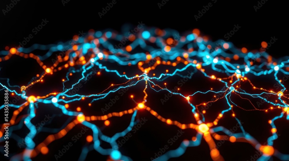 Poster Abstract network connections with glowing nodes and lines on a dark background