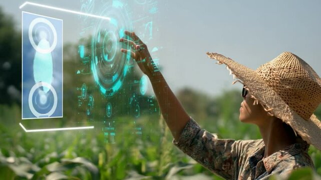 Tech-Savvy Agronomist: A forward-thinking woman, deeply immersed in the nexus of agriculture and technology, stands amidst a flourishing field.