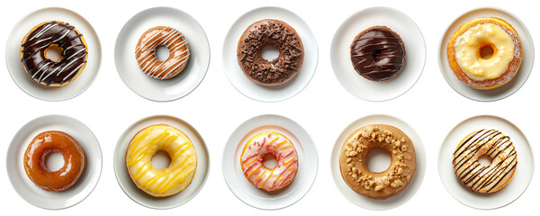 Delicious Variety of Colorful Donuts Displayed on White Plates for Tempting Dessert Inspiration and Sweet Snack Choices. Piquant food set.