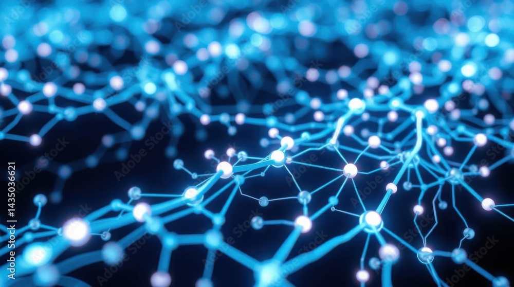 Poster abstract neural network with glowing nodes and connections in blue tones