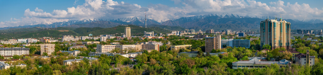 Fototapeta premium View from a quadcopter of the central part of the Kazakh city of Almaty on a spring day