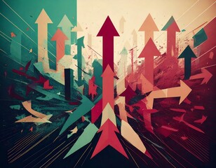 ポップアート風のレトロカラーのいろいろな方向に向かう矢印のイラスト背景素材