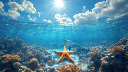 Starfish  ray with coral reef, and ocean.