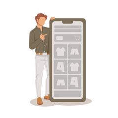 man posing finger pointing big phone beside, online shop isolated illustration