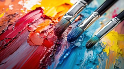 Obraz premium Close-up of vibrant paint splashes with brushes, showcasing rich colors and textures. Ideal for art, creativity, and artistic design themes.