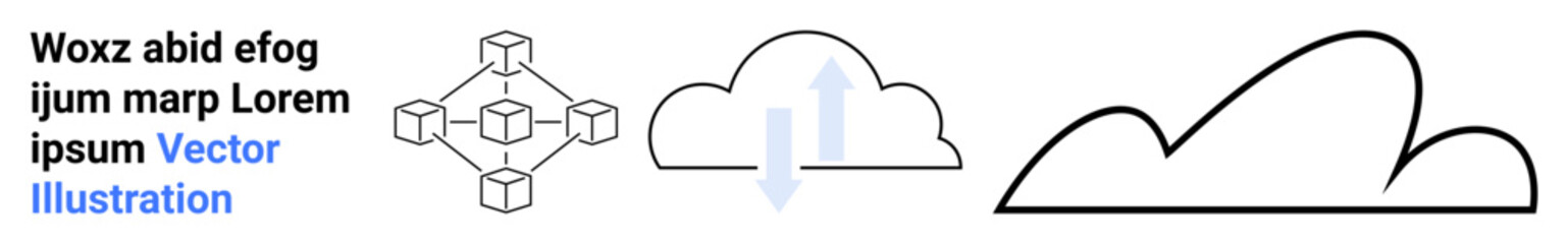 Blockchain diagram showcasing data connections, cloud with up-and-down arrows, minimal cloud outline. Ideal for technology, networking, blockchain, data transfer, cloud computing, minimalism simple