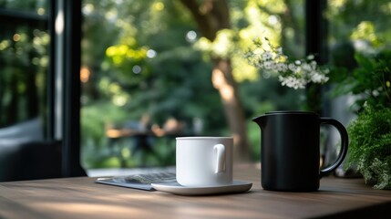 Morning coffee on a wooden table overlooking a garden