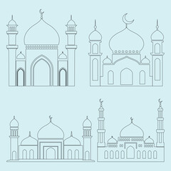 Mosque dark gray outline vector arts and graphics on white background. Islamic cultural illustrations photos landscapes buildings for print and stationary uses. 
