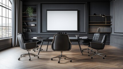 Dark office conference room, blank poster, city view