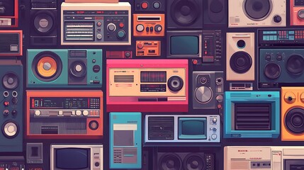 Obraz premium Electrifying retro stereo collection illuminated with purple orange lights picture