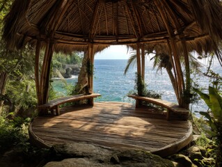Fototapeta premium bamboo gazebo overlooking a mirror-calm ocean at midday, palm fronds visible through the open sides, wooden deck extending toward the water's edge