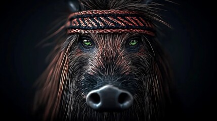 Close-up of a stylized horse with vibrant green eyes and intricate braided headband against a dark backdrop