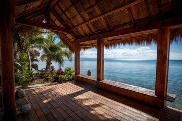 bamboo gazebo overlooking a mirror-calm ocean at midday, palm fronds visible through the open sides, wooden deck extending toward the water's edge