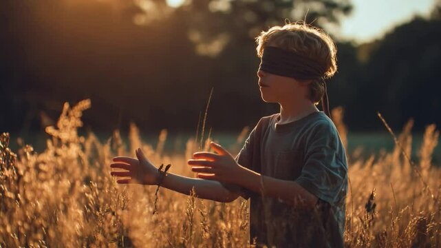 Blindfolded Childhood: A curious boy, blindfolded, explores a sun-drenched field, his outstretched arms searching in anticipation of a child's game.
