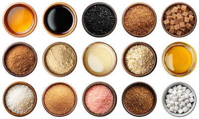 A Colorful Array of Seasonings and Sugars in Wooden Bowls, Featuring Various Textures and Colors for Culinary Inspiration and Kitchen Decor. Piquant food set.