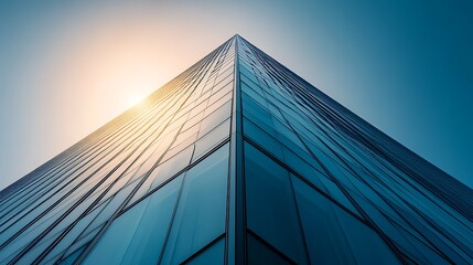 Modern skyscraper facade angles upward to a bright sky.