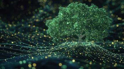 Abstract digital tree, glowing network landscape, futuristic design
