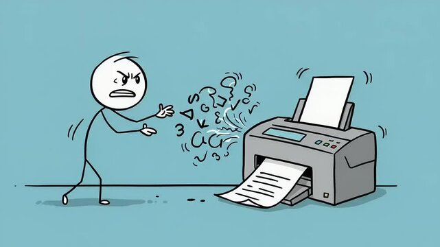 Frustrated character expressing anger at a malfunctioning printer in a light blue setting
