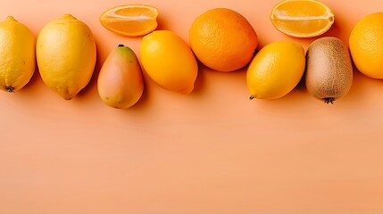 Arrangement of lemons, oranges, kiwi, and other fruits on a vibrant coral surface