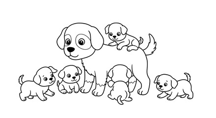 Outlined colouring page cute dog and puppy black and white for kids with white background