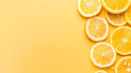 Cheerful citrus slices background on vibrant yellow surface with copy space